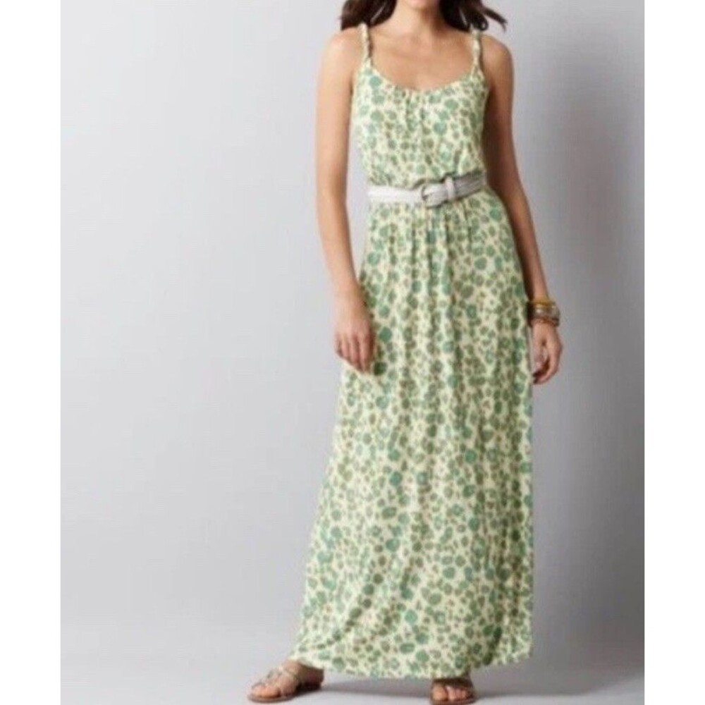 Loft Petites Womens Size SP Maxi Dress Tan Blue Green Sleeveless Summer Casual